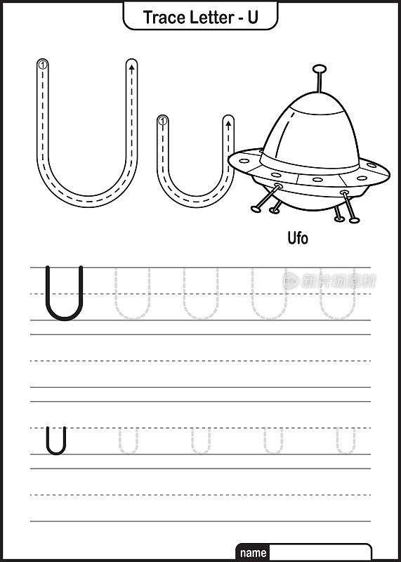 字母跟踪字母A到Z学龄前工作表与字母U Ufo亲矢量